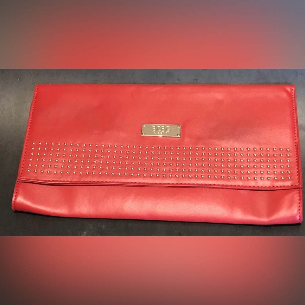 BCBG Paris Tomato Red Chic Fold Over Clutch Purse Hand Bag Gold Tone Studs